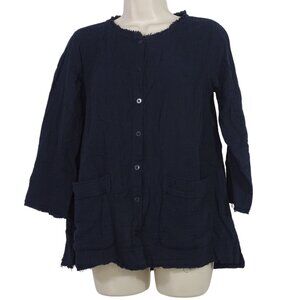 LOGO Lori Goldstein Black Button Front Gauze Top Women Size XXS Pockets Raw Hem